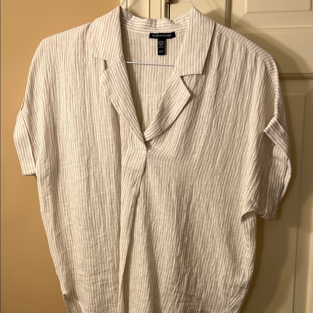 Eileen Fisher Cream Textured Short-Sleeve V-Neck Blouse